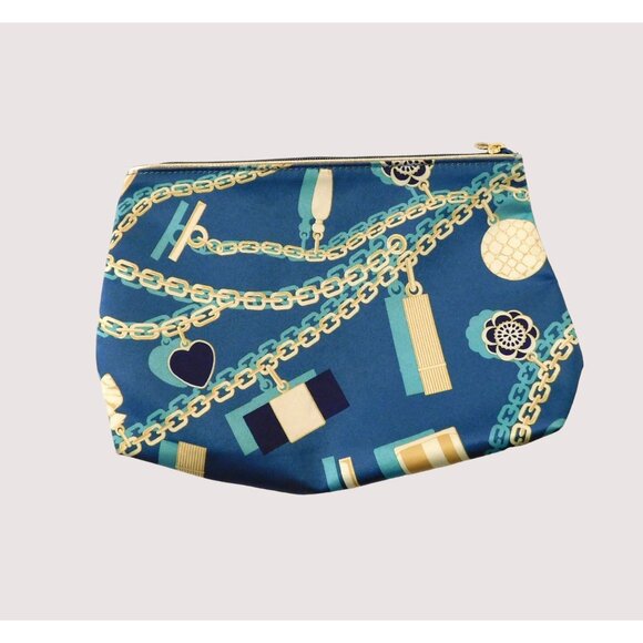 Estee Lauder Gold Seashell Charm Blue Cosmetic Makeup Bag Blue Beige Zip Closure - Picture 4 of 7